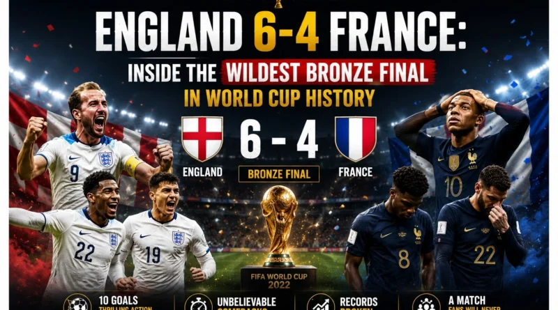 England vs France World Cup 2026 bronze final result graphic showing 6-4 scoreline with England and France flags, celebrating and dejected players, and the World Cup trophy